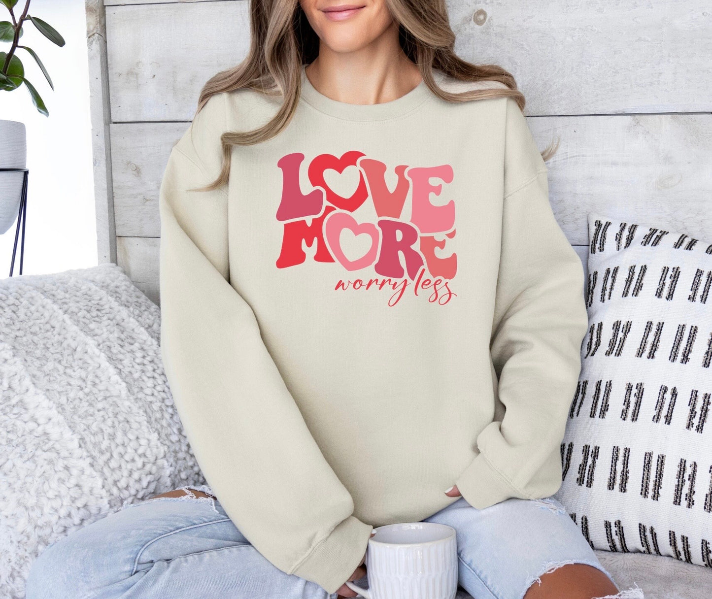 Love More Worry Less Hoodie, Womens Valentines Sweatshirt, Mental Health Awareness Crewneck, Valentine Sweatshirt, Oversized Sweater